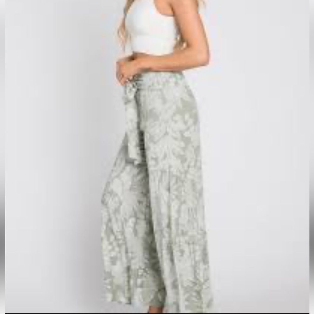 Floral wide leg pants green white